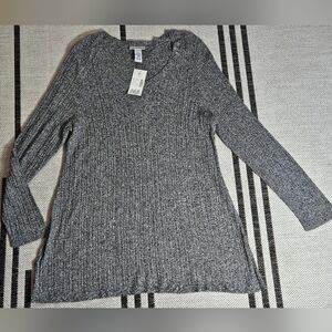 Catherines Gray Ribbed V-Neck Long Sleeve Sweater